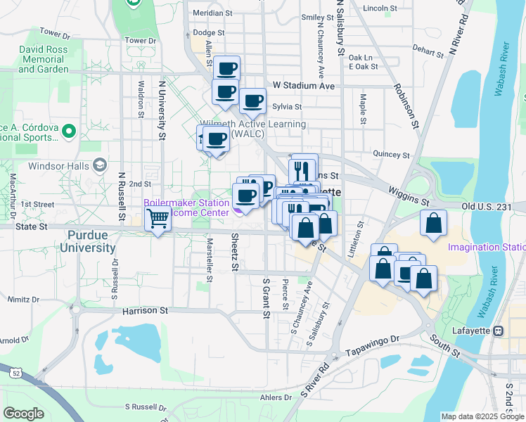 map of restaurants, bars, coffee shops, grocery stores, and more near 201 Grant Street in West Lafayette
