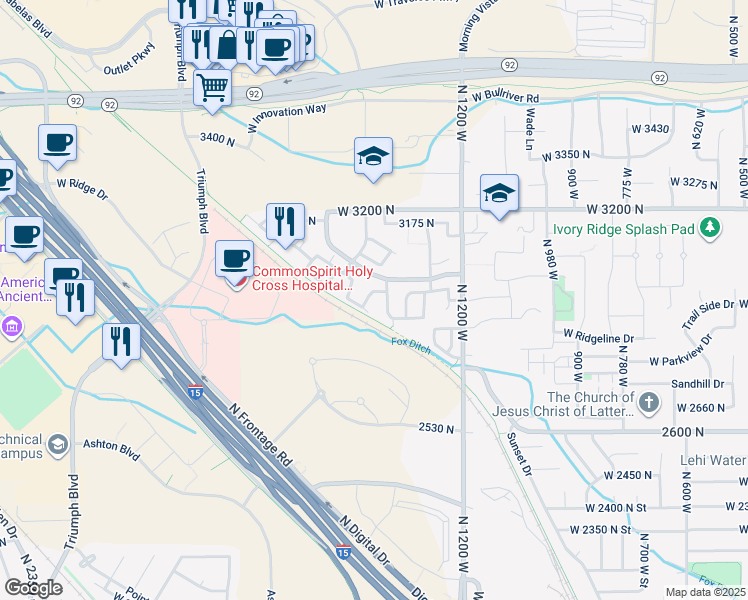 map of restaurants, bars, coffee shops, grocery stores, and more near 1441w WestBury Way in Lehi