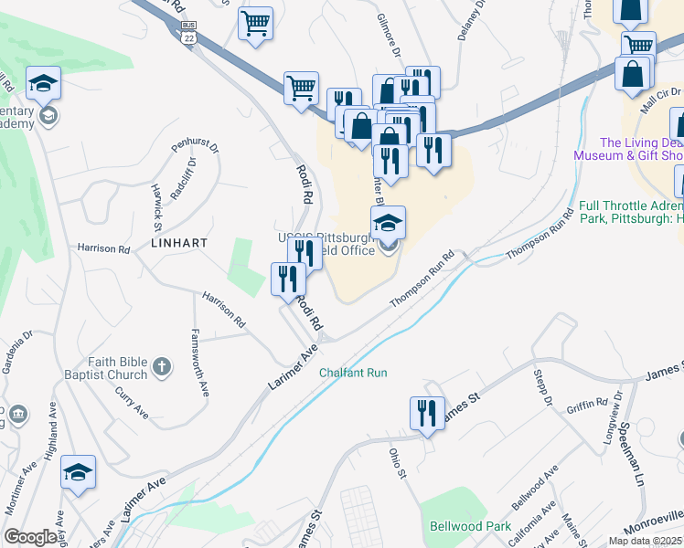 map of restaurants, bars, coffee shops, grocery stores, and more near 1100 Penn Center Boulevard in Pittsburgh