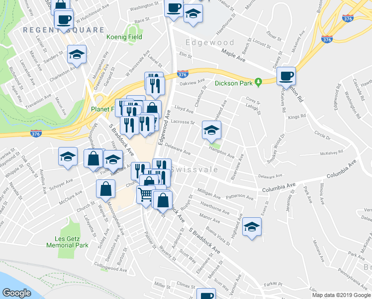 map of restaurants, bars, coffee shops, grocery stores, and more near 1947 Delaware Avenue in Pittsburgh