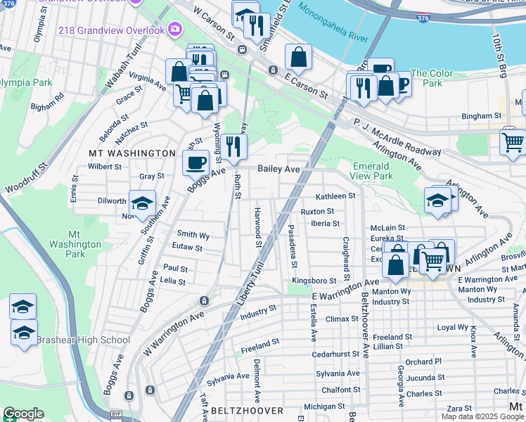 map of restaurants, bars, coffee shops, grocery stores, and more near 44 Harwood Street in Pittsburgh