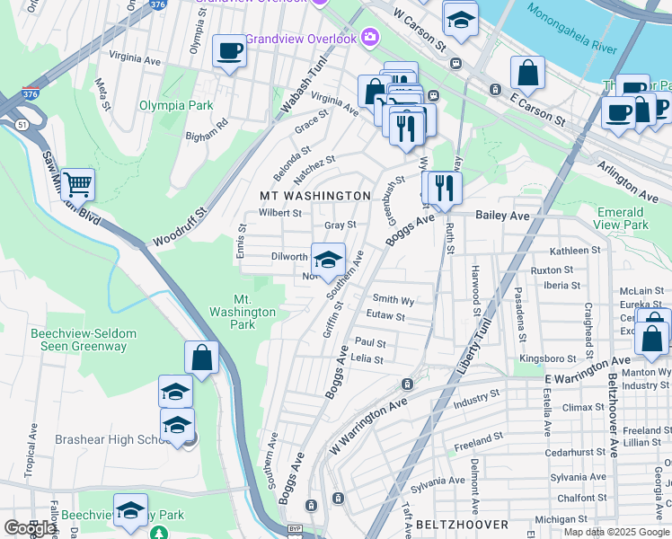 map of restaurants, bars, coffee shops, grocery stores, and more near 166 Southern Avenue in Pittsburgh