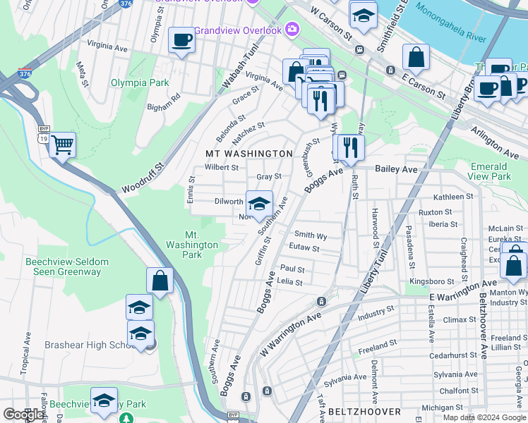 map of restaurants, bars, coffee shops, grocery stores, and more near 166 Southern Avenue in Pittsburgh