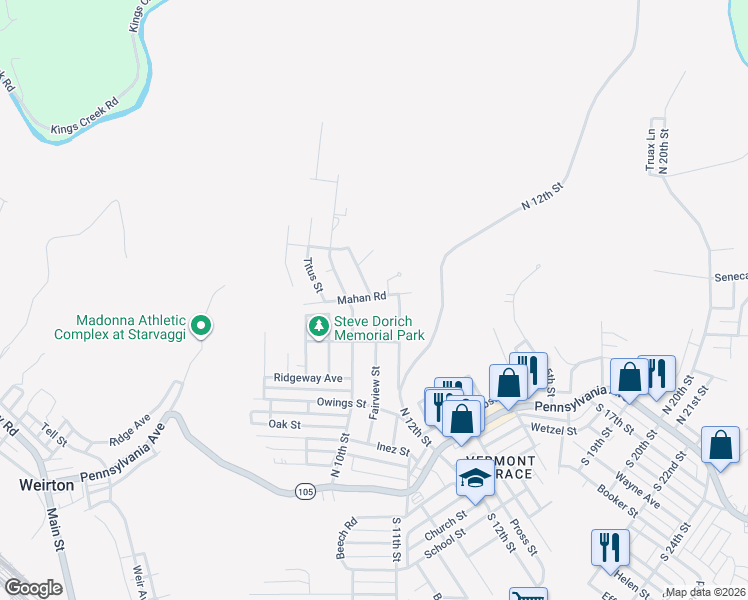 map of restaurants, bars, coffee shops, grocery stores, and more near 231 Mahan Road in Weirton