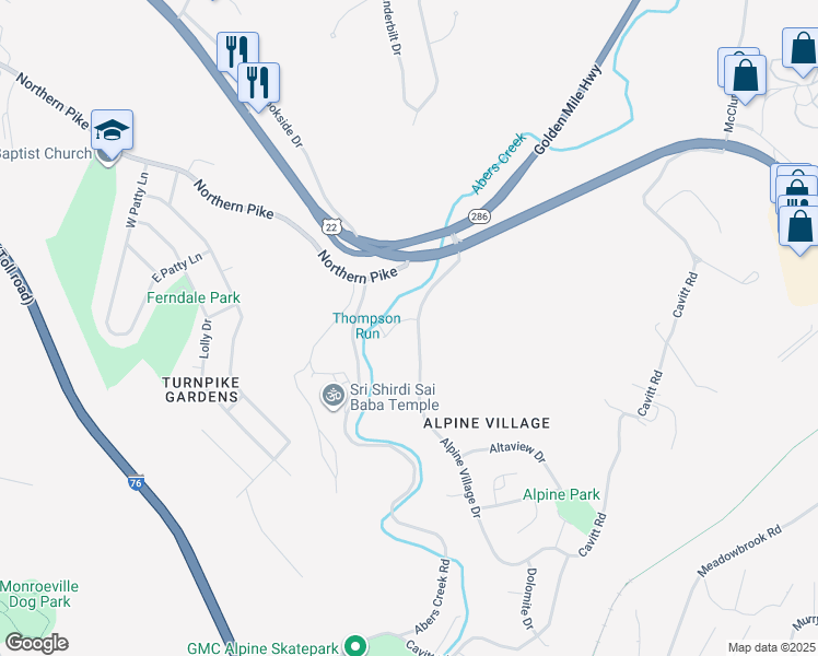 map of restaurants, bars, coffee shops, grocery stores, and more near 129 Matterhorn Road in Monroeville