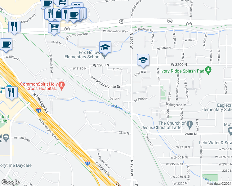 map of restaurants, bars, coffee shops, grocery stores, and more near 2984 North 1350 West in Lehi