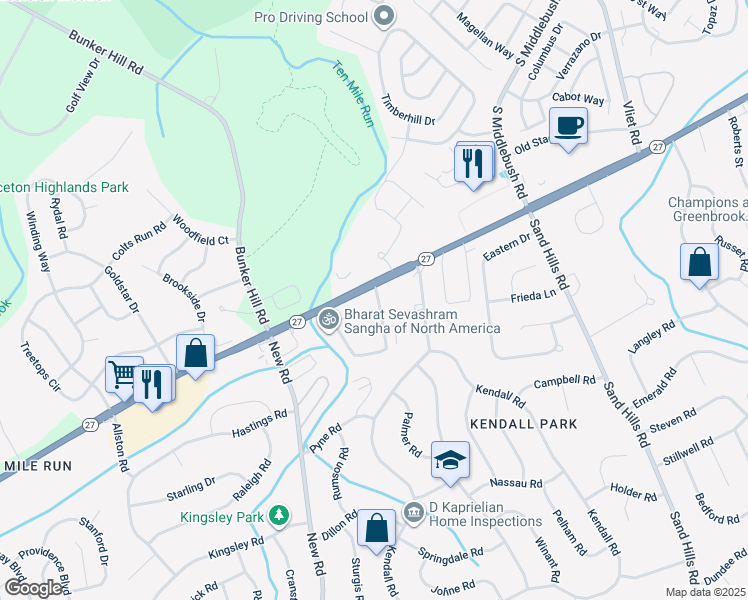map of restaurants, bars, coffee shops, grocery stores, and more near 19 Barrett Drive in South Brunswick Township
