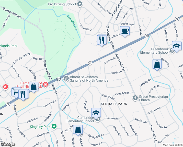 map of restaurants, bars, coffee shops, grocery stores, and more near 10 Stanworth Road in South Brunswick Township