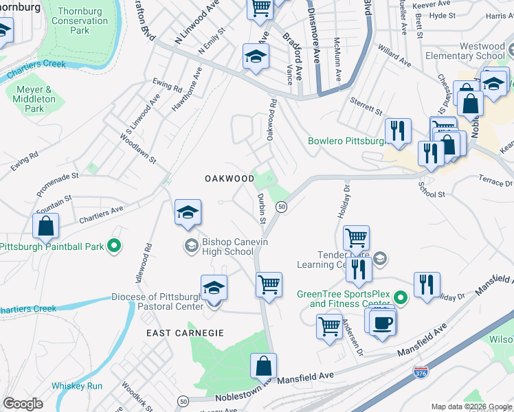 map of restaurants, bars, coffee shops, grocery stores, and more near 1647 Durbin Street in Pittsburgh