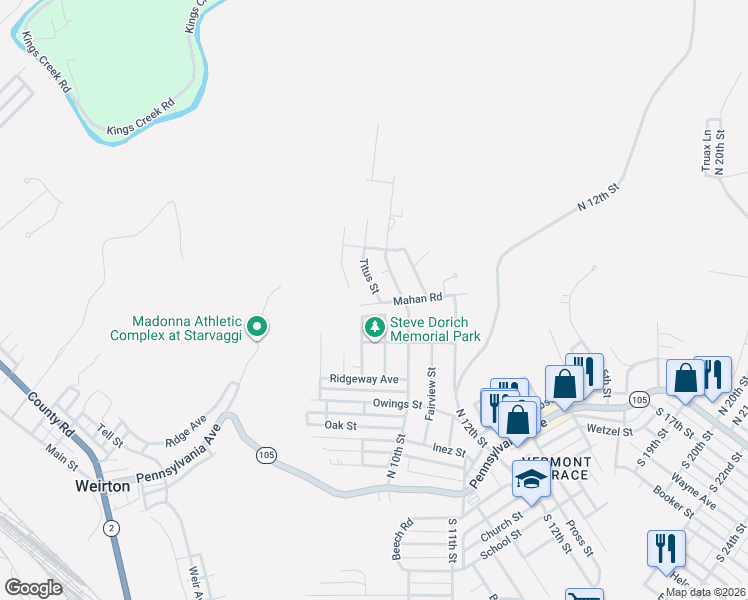 map of restaurants, bars, coffee shops, grocery stores, and more near 135 Mahan Road in Weirton