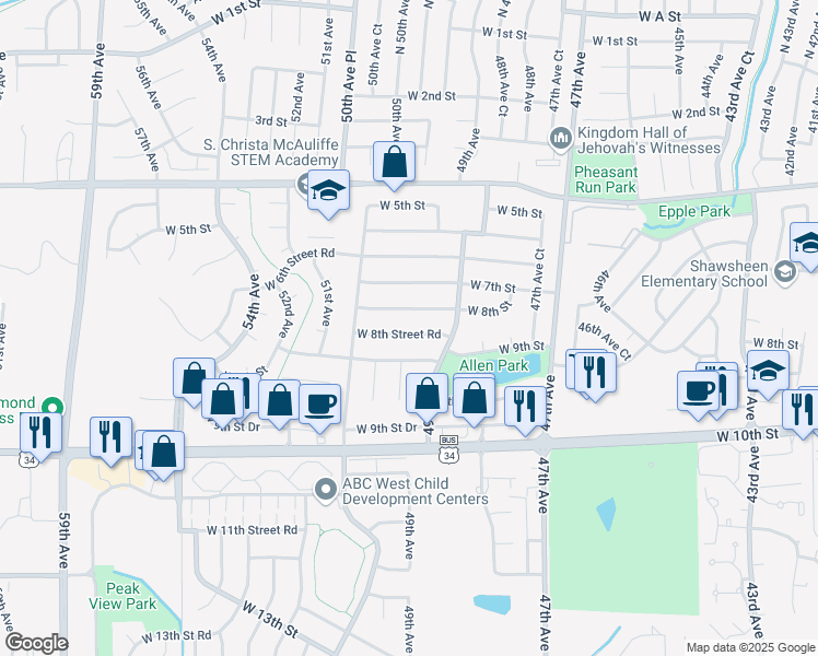 map of restaurants, bars, coffee shops, grocery stores, and more near 4943 West 8th Street Road in Greeley