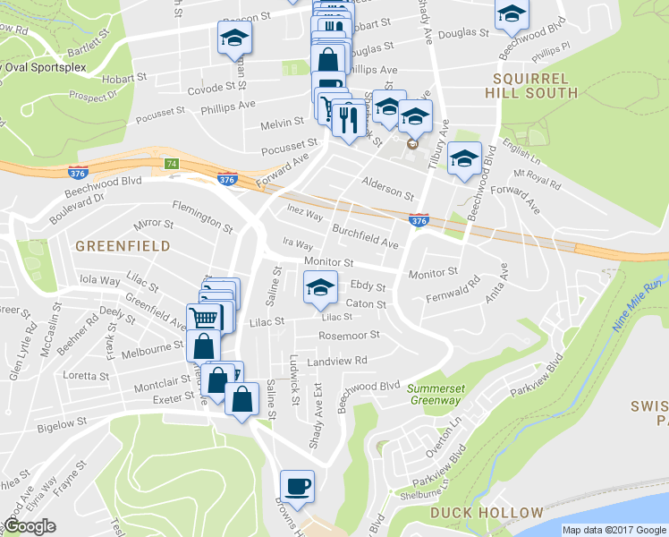 map of restaurants, bars, coffee shops, grocery stores, and more near 6320 Monitor Street in Pittsburgh