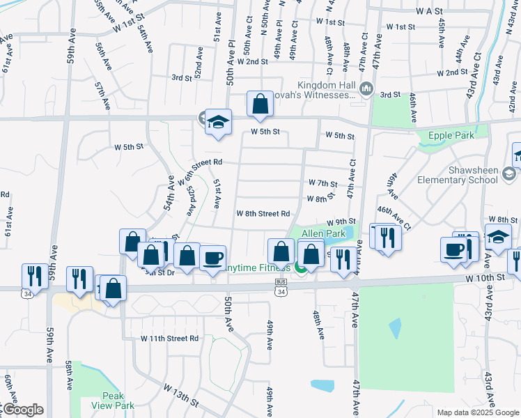map of restaurants, bars, coffee shops, grocery stores, and more near 4943 West 8th Street Road in Greeley