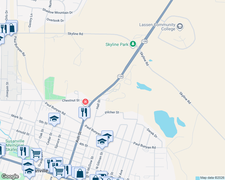 map of restaurants, bars, coffee shops, grocery stores, and more near 477-050 California 139 in Susanville