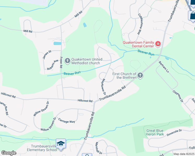 map of restaurants, bars, coffee shops, grocery stores, and more near 1116 Colony Drive in Quakertown