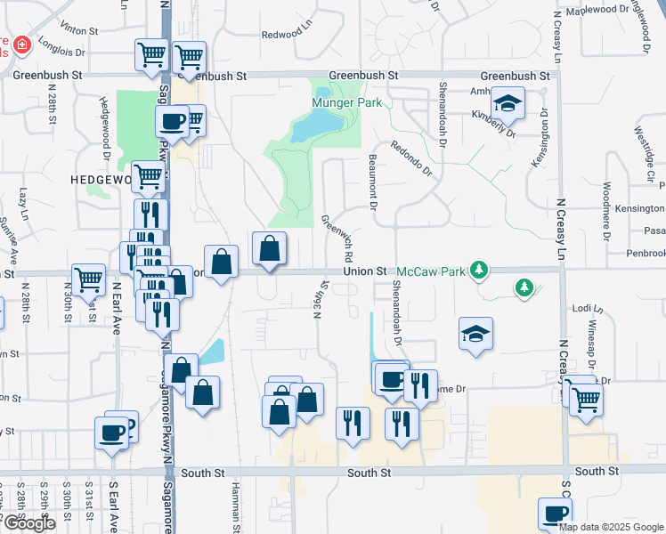 map of restaurants, bars, coffee shops, grocery stores, and more near 3550 Union Street in Lafayette