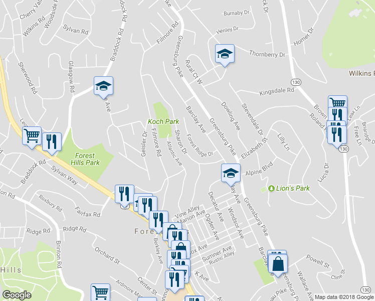 map of restaurants, bars, coffee shops, grocery stores, and more near 220 Sharon Drive in Pittsburgh