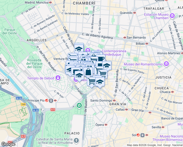 map of restaurants, bars, coffee shops, grocery stores, and more near 3 Calle de la Princesa in Madrid
