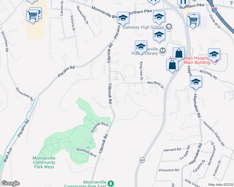 map of restaurants, bars, coffee shops, grocery stores, and more near 231 Spring Run Drive in Monroeville