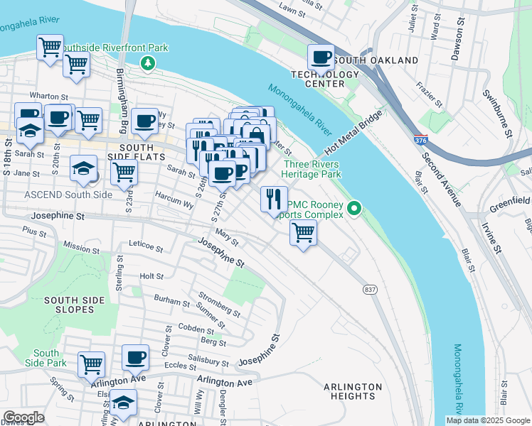 map of restaurants, bars, coffee shops, grocery stores, and more near 2840 Carey Way in Pittsburgh