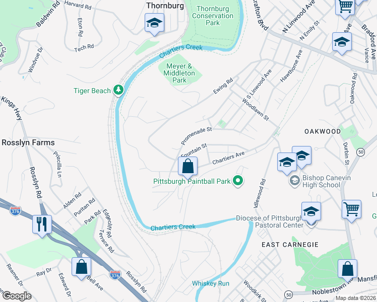 map of restaurants, bars, coffee shops, grocery stores, and more near 118 Fountain Street in Crafton