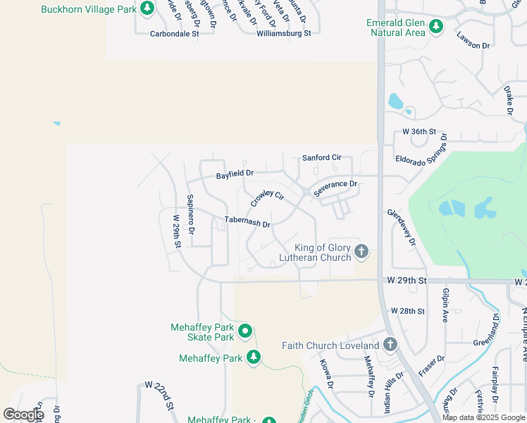 map of restaurants, bars, coffee shops, grocery stores, and more near 3175 Hudson Court in Loveland