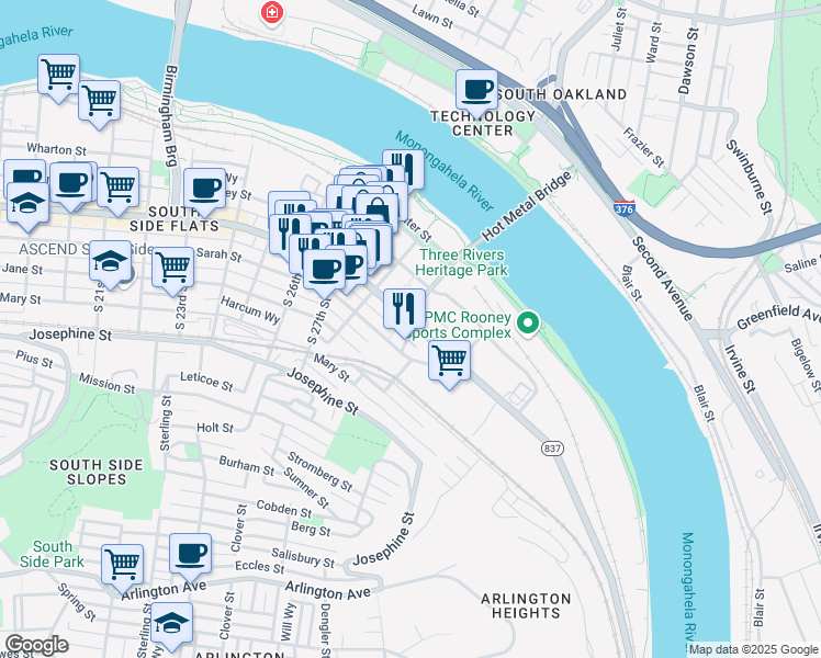 map of restaurants, bars, coffee shops, grocery stores, and more near 3447 East Carson Street in Pittsburgh