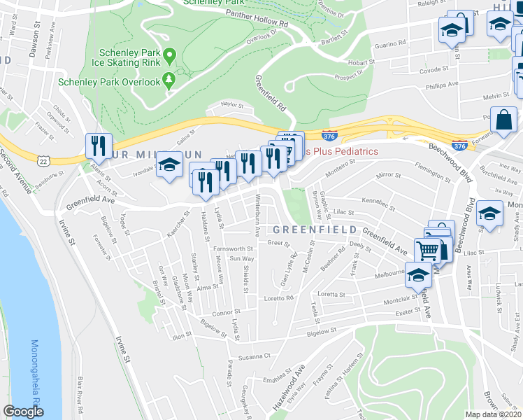 map of restaurants, bars, coffee shops, grocery stores, and more near 4105 Winterburn Avenue in Pittsburgh