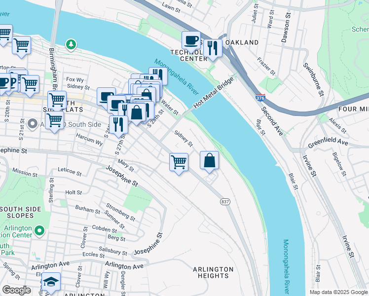map of restaurants, bars, coffee shops, grocery stores, and more near in Pittsburgh
