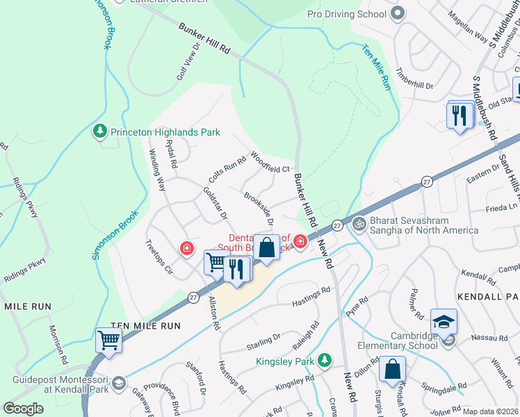 map of restaurants, bars, coffee shops, grocery stores, and more near 17 Brookside Drive in Princeton