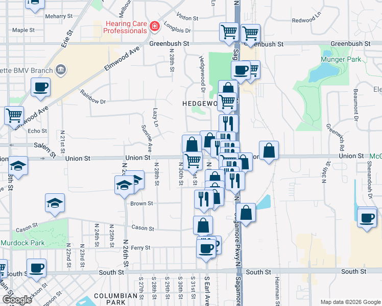 map of restaurants, bars, coffee shops, grocery stores, and more near 3024 Union Street in Lafayette