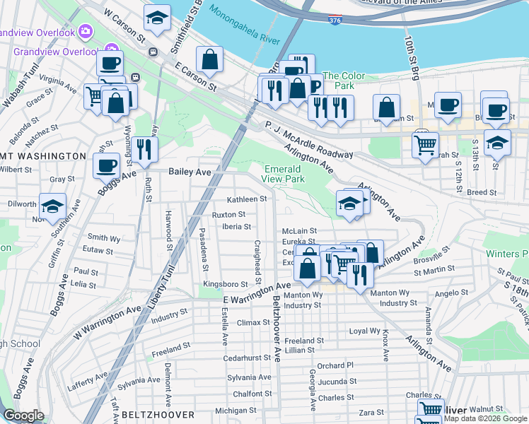 map of restaurants, bars, coffee shops, grocery stores, and more near 21 Aztec Way in Pittsburgh