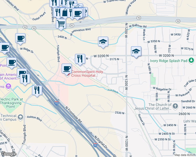 map of restaurants, bars, coffee shops, grocery stores, and more near 1441w WestBury Way in Lehi