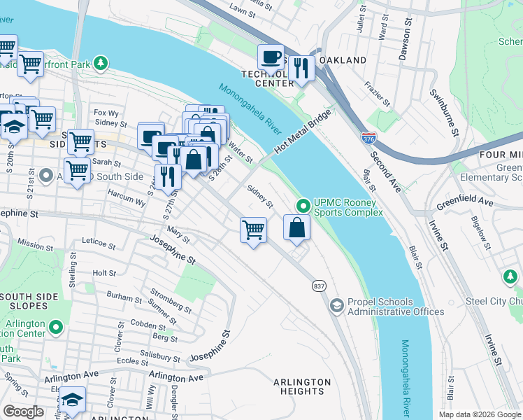 map of restaurants, bars, coffee shops, grocery stores, and more near in Pittsburgh