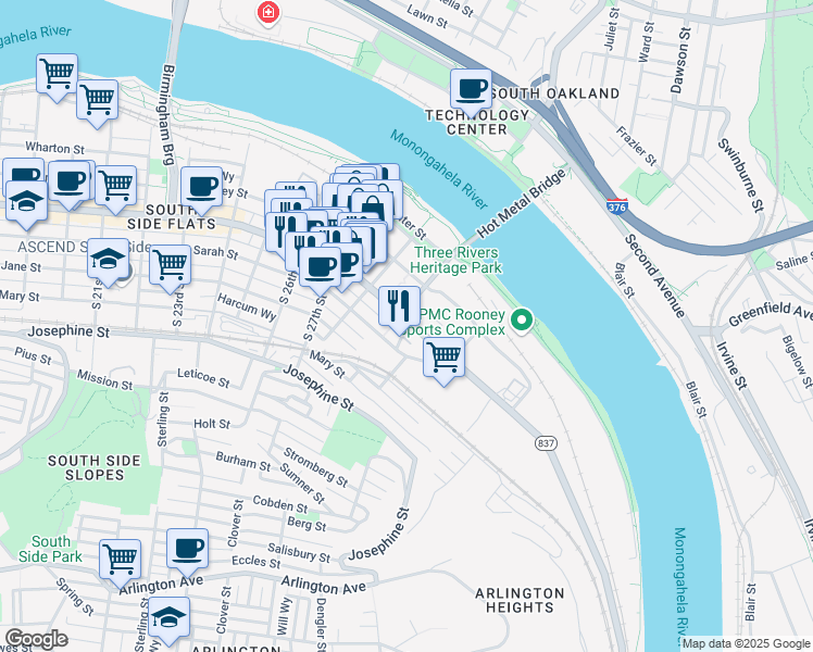 map of restaurants, bars, coffee shops, grocery stores, and more near 2840 Carey Way in Pittsburgh