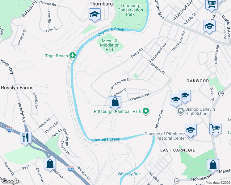map of restaurants, bars, coffee shops, grocery stores, and more near 118 Fountain Street in Crafton