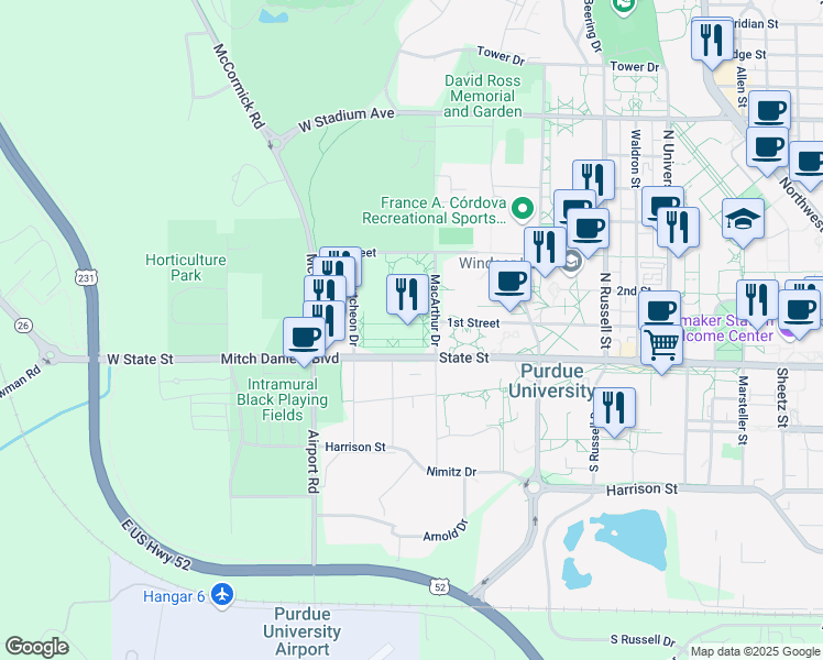 map of restaurants, bars, coffee shops, grocery stores, and more near 107 MacArthur Drive in West Lafayette