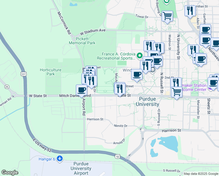 map of restaurants, bars, coffee shops, grocery stores, and more near 107 MacArthur Drive in West Lafayette