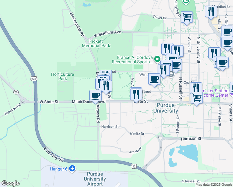 map of restaurants, bars, coffee shops, grocery stores, and more near 400 Mccutcheon Dr in Lafayette