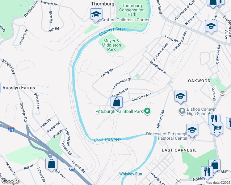map of restaurants, bars, coffee shops, grocery stores, and more near 118 Fountain Street in Crafton