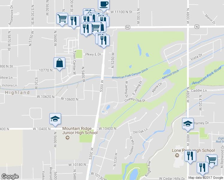 map of restaurants, bars, coffee shops, grocery stores, and more near 5229 North Castle Pine Way in Highland