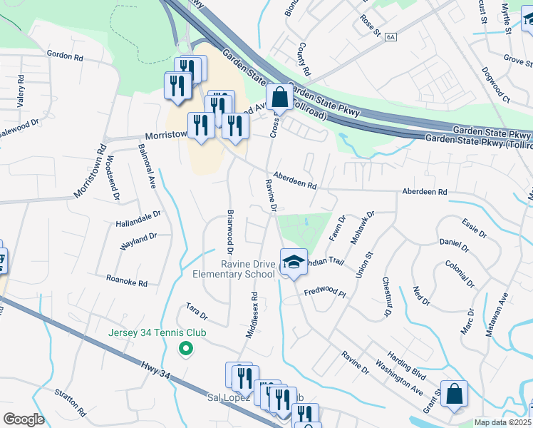 map of restaurants, bars, coffee shops, grocery stores, and more near 1 Middlesex Road in Matawan