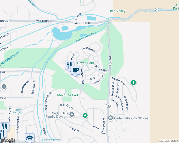 map of restaurants, bars, coffee shops, grocery stores, and more near 4057 Cimarron in Cedar Hills