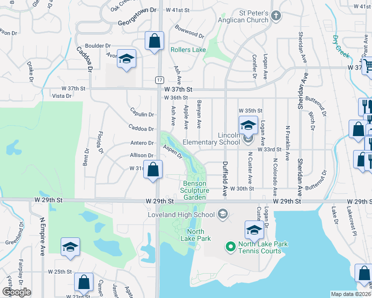 map of restaurants, bars, coffee shops, grocery stores, and more near 3329 Beech Drive in Loveland