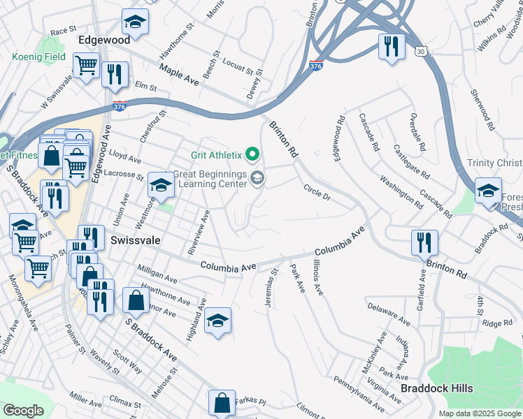 map of restaurants, bars, coffee shops, grocery stores, and more near 10 Smokey Wood Drive in Swissvale