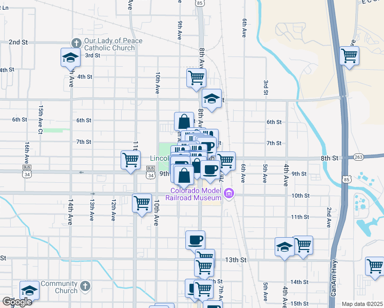 map of restaurants, bars, coffee shops, grocery stores, and more near 801 8th Street in Greeley
