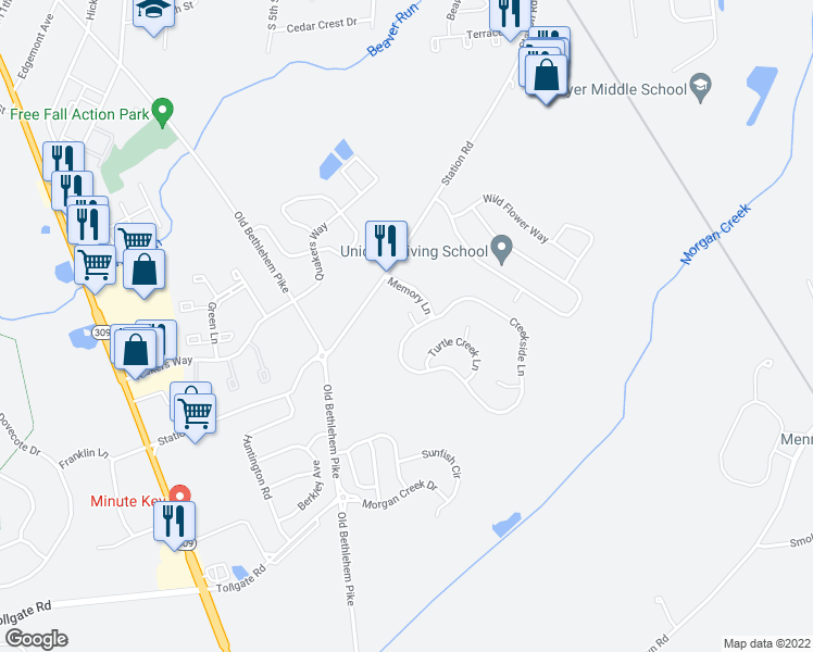 map of restaurants, bars, coffee shops, grocery stores, and more near 1401 Cameo Court in Quakertown