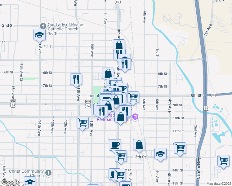 map of restaurants, bars, coffee shops, grocery stores, and more near 801 8th Street in Greeley