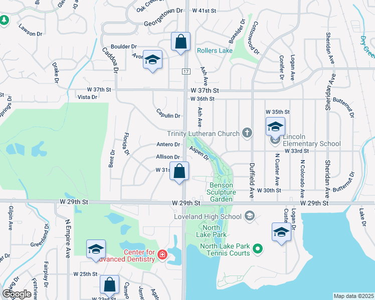 map of restaurants, bars, coffee shops, grocery stores, and more near 1 Aspen Drive in Loveland