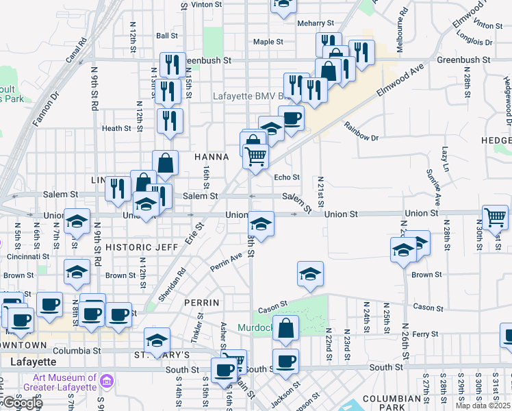 map of restaurants, bars, coffee shops, grocery stores, and more near 712 North 18th Street in Lafayette